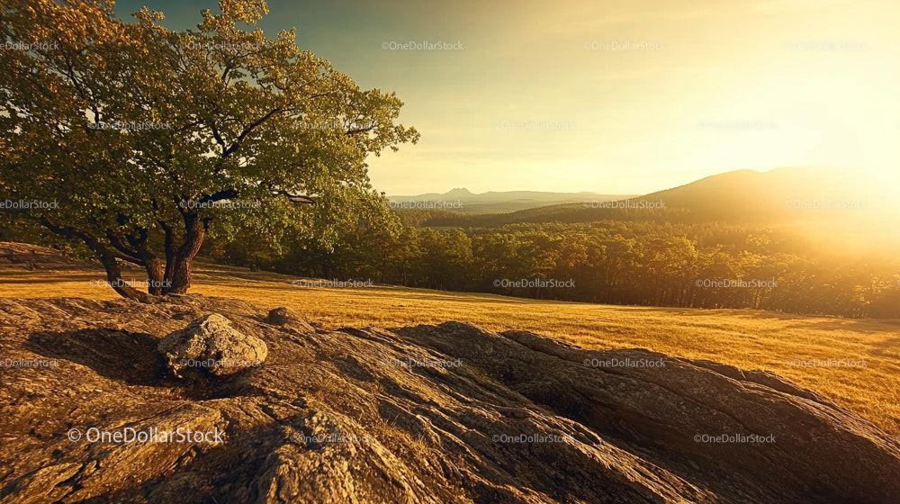Tranquil Sunset Over Rustic Countryside with Tree and Hills