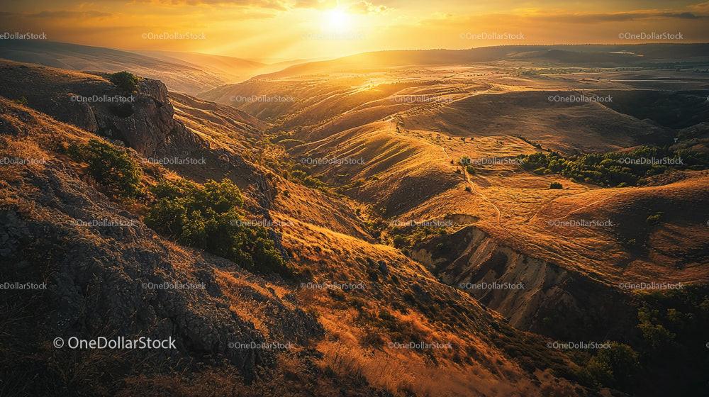 Golden Sunset Over Rolling Hills and Scenic Valley