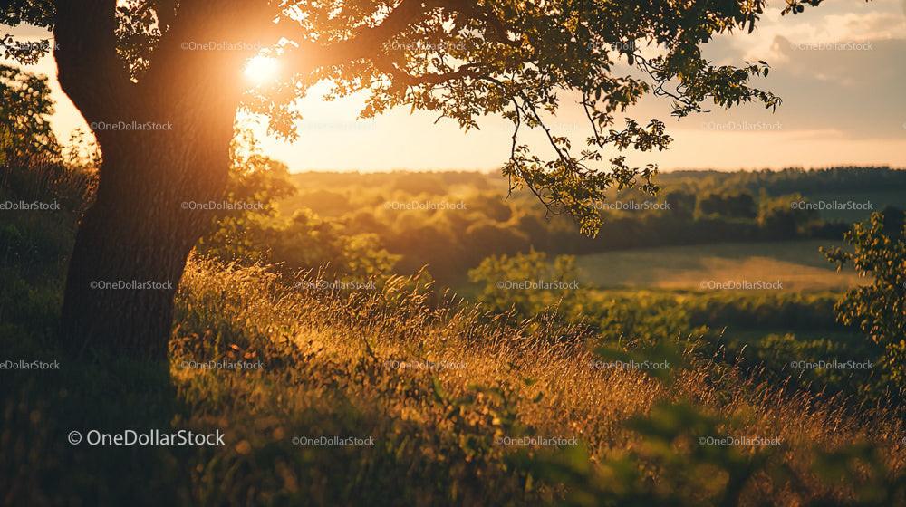 Golden Sunset Over Tranquil Countryside Landscape