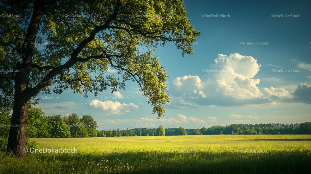 Scenic Green Meadow with Tree and Fluffy Clouds