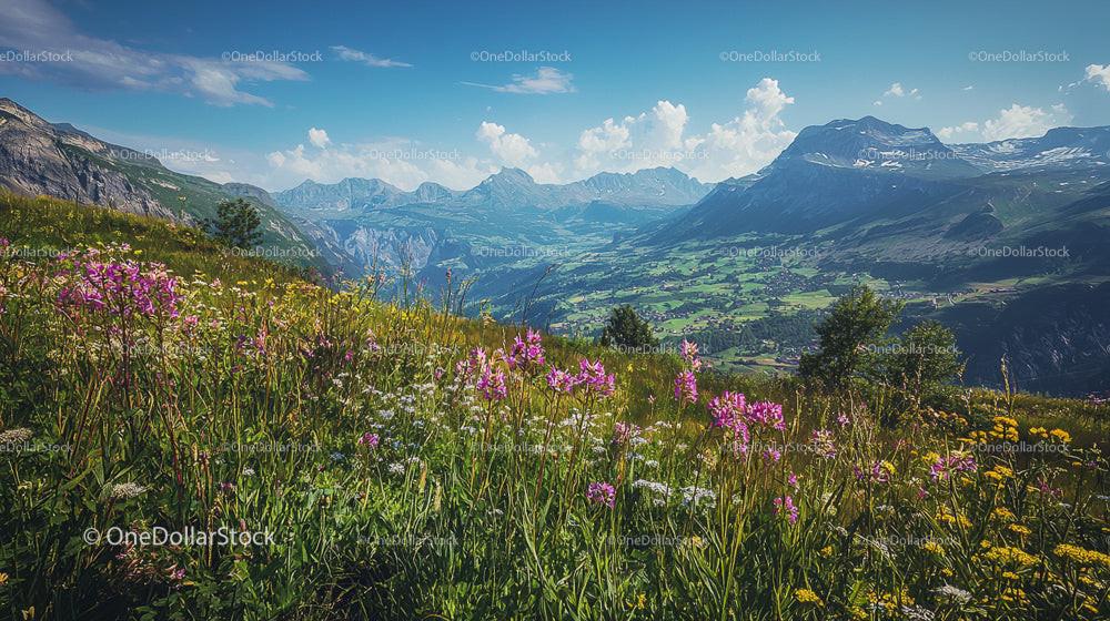 Alpine Meadow with Wildflowers and Mountain Views