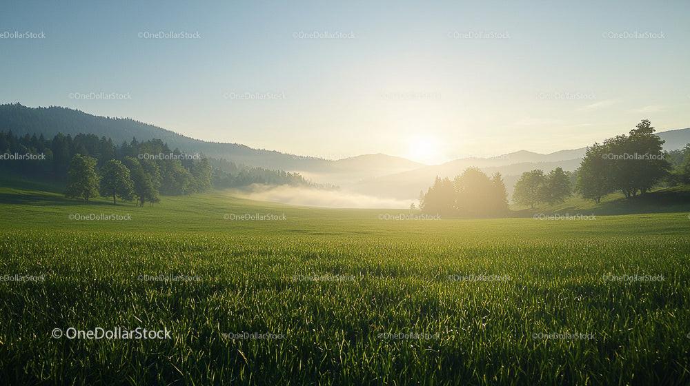 Scenic Sunrise Over Misty Green Fields and Rolling Hills