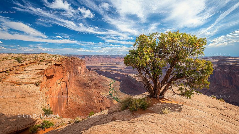 Vibrant Canyon Scene with Lush Green Tree and Blue Sky