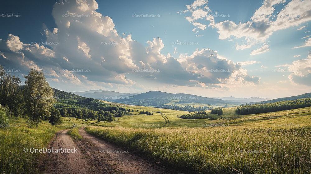 Idyllic Countryside with Rolling Hills and Dramatic Clouds