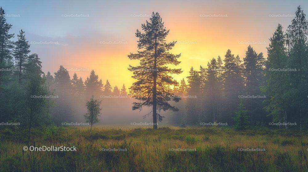 Misty Sunrise Over a Tranquil Forest Landscape