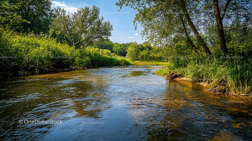 Tranquil River Flowing Through Lush Green Landscape
