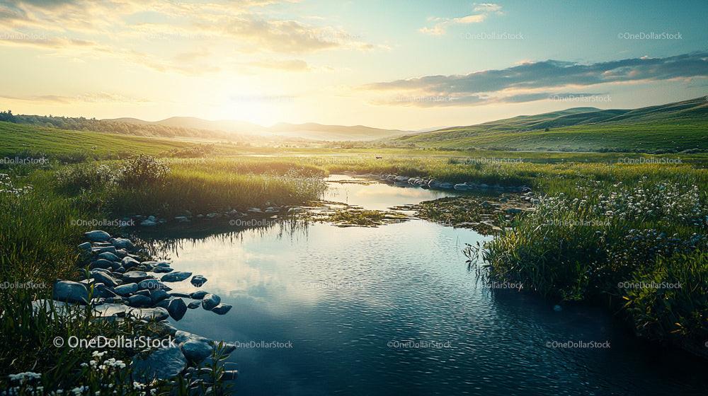 Sunset Over Serene River in Lush Green Meadows