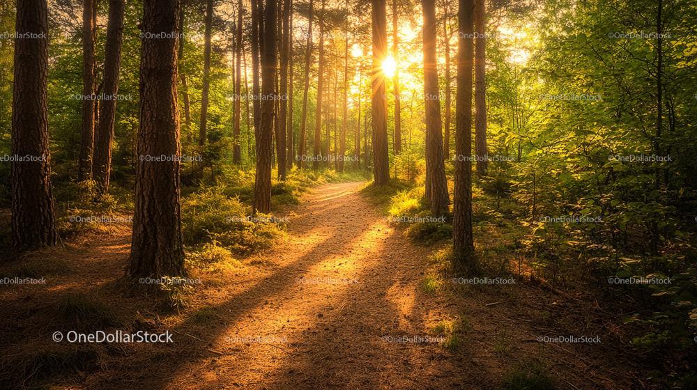 Golden Sunlight Filtering Through Tranquil Forest Path