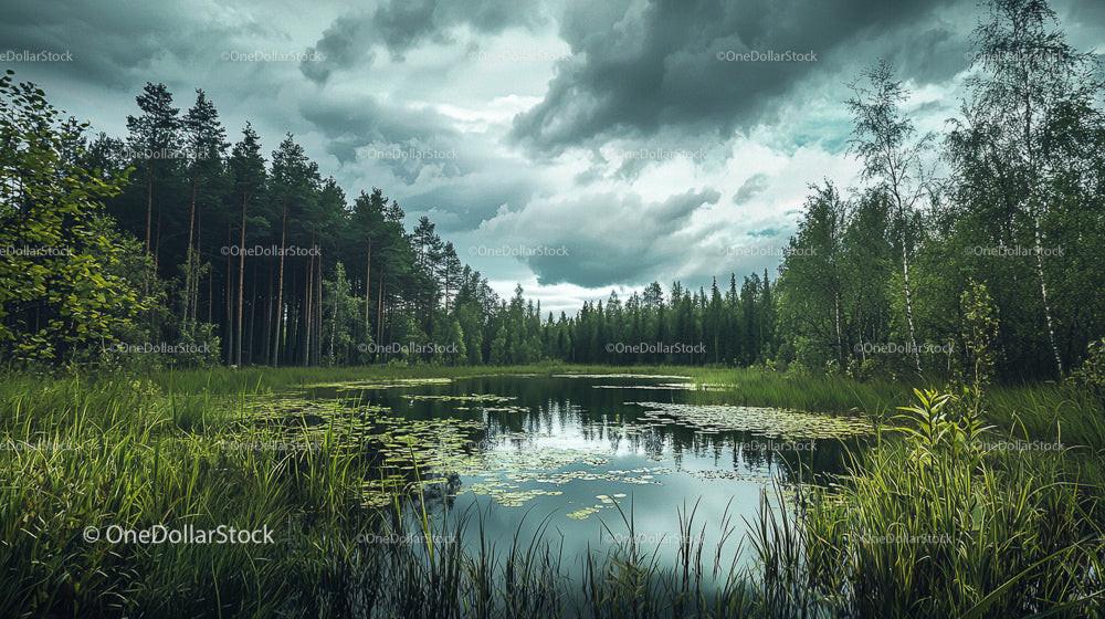 Idyllic Forest Pond with Lush Greenery and Cloudy Sky