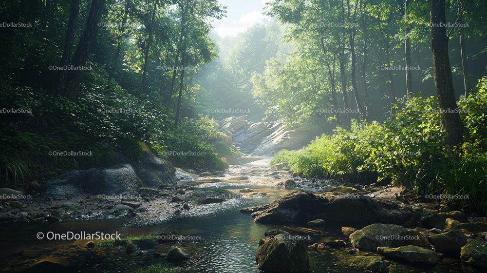 Serene Forest Stream with Sunlight Filtering Through Trees