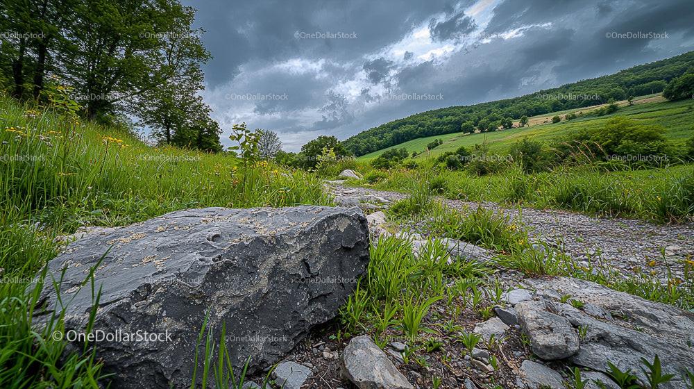 Stormy Sky Over Lush Countryside Path with Dramatic Clouds