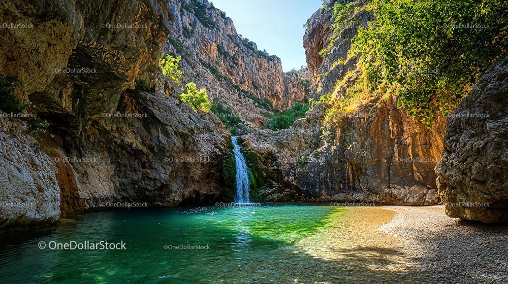 Scenic Waterfall Cascading into a Turquoise Lagoon in Rocky Landscape