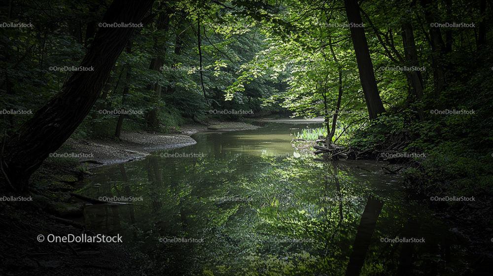 Tranquil River with Lush Green Foliage in Pristine Forest