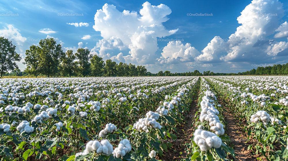 Vast Cotton Field Under Blue Sky with Fluffy Clouds