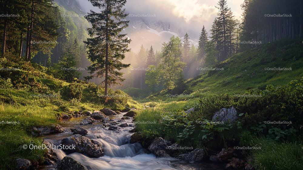 Tranquil Forest Stream in Alpine Sunrise