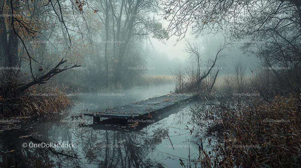Misty Autumn Morning with Wooden Pier and Foggy Lake