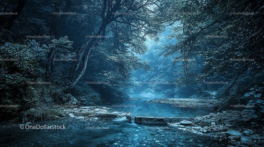 Misty Forest Stream with Tranquil Waters and Lush Greenery