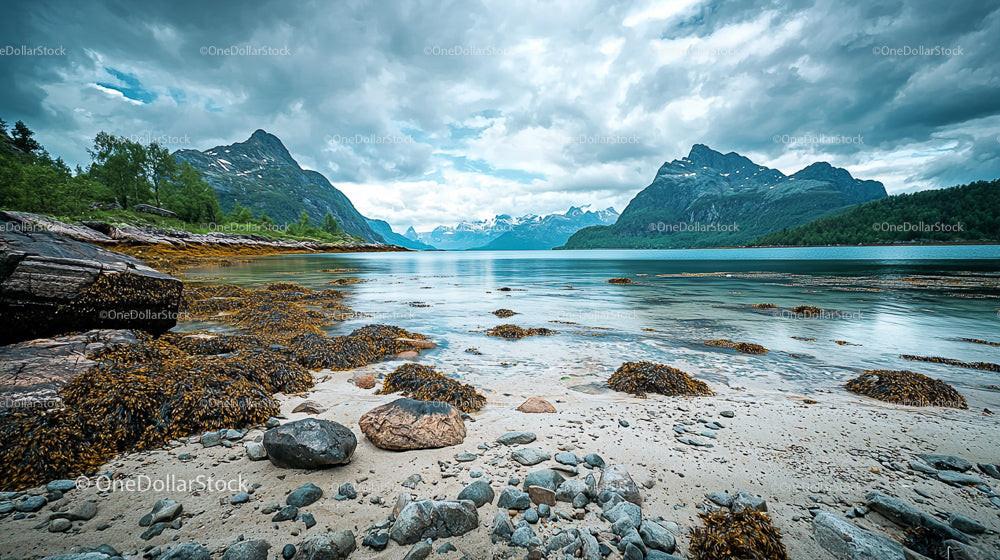 Scenic Rocky Shore with Mountain View and Turquoise Waters