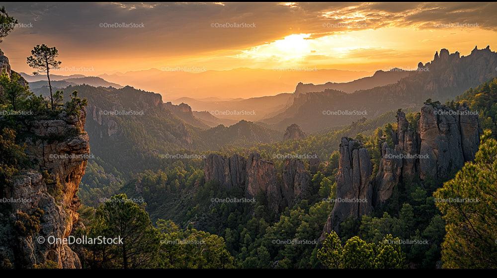 Golden Sunset Over Majestic Mountain Landscape and Pine Forest