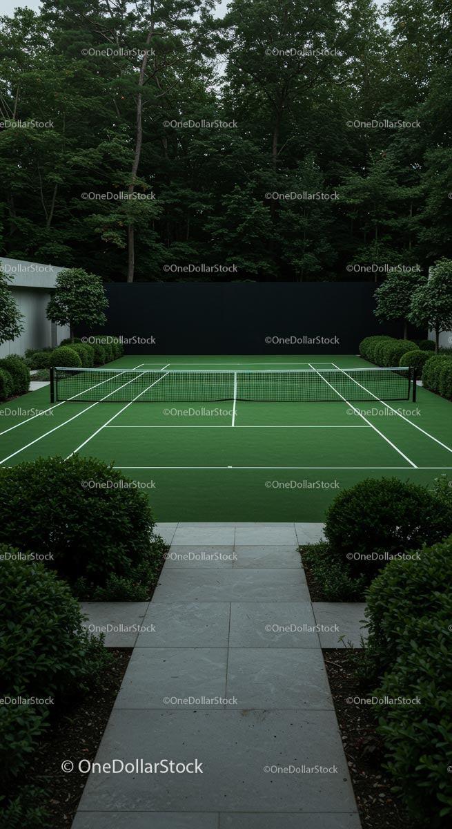 Elegant Outdoor Tennis Court in a Lush Garden Setting