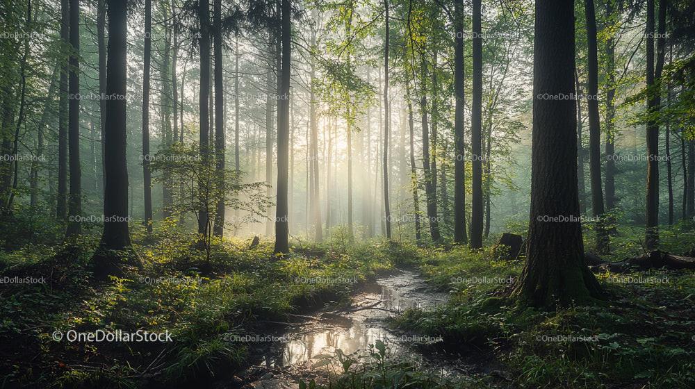 Sunlit Forest Scene with Morning Mist and Tall Trees