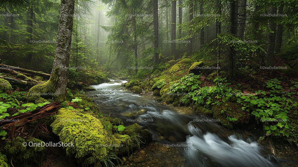 Misty Forest Stream Surrounded by Lush Greenery