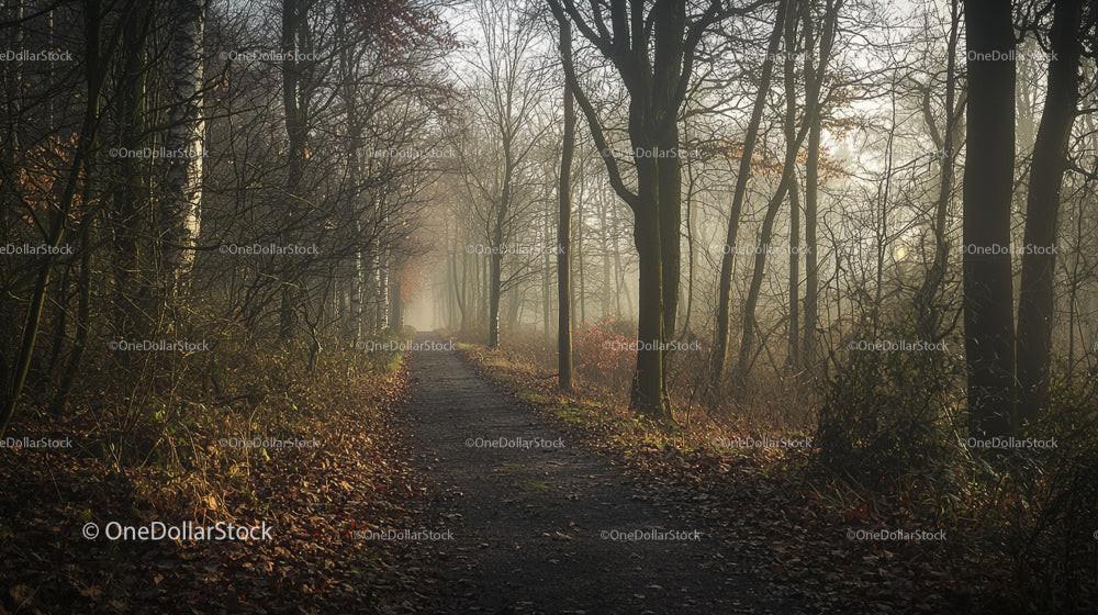Misty Forest Path with Bare Trees and Autumn Leaves