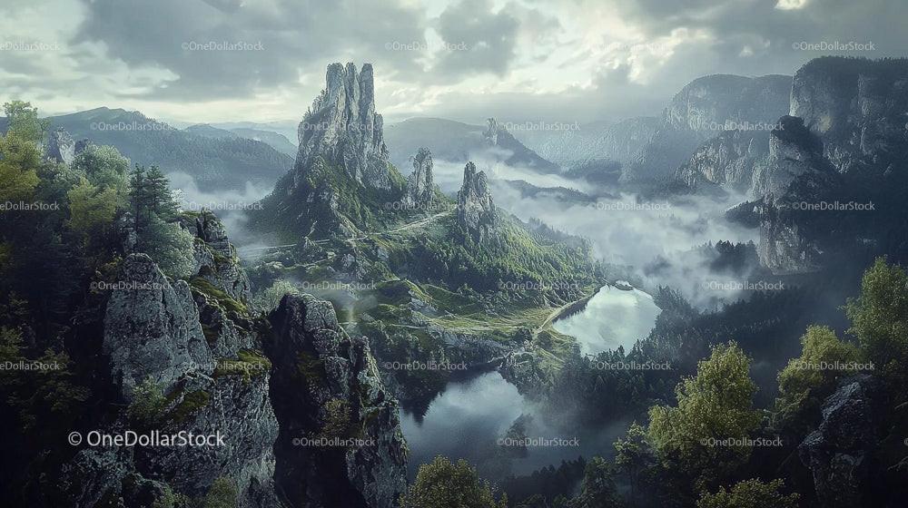 Misty Mountains and Serene Lakes in a Mystical Landscape
