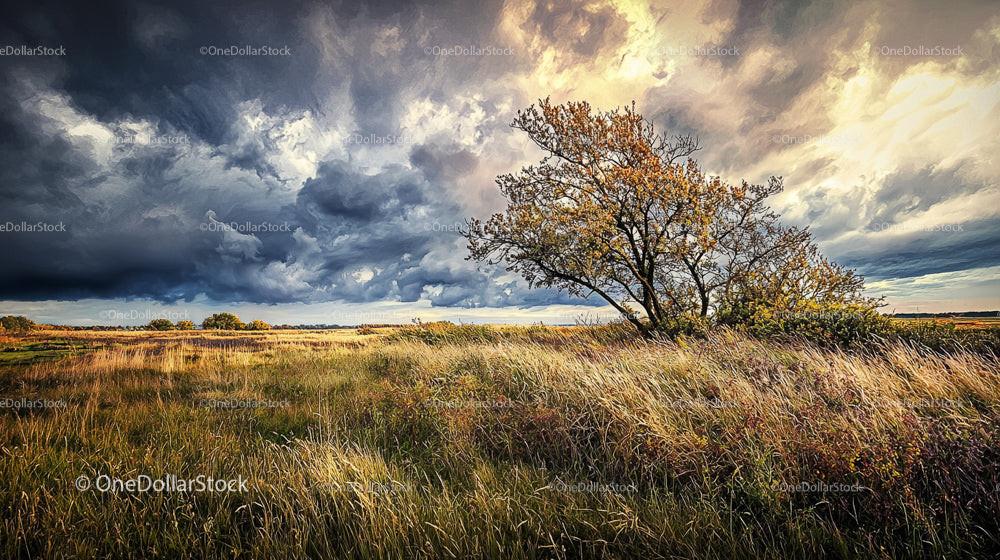 Dramatic Landscape with Lone Tree and Stormy Sky