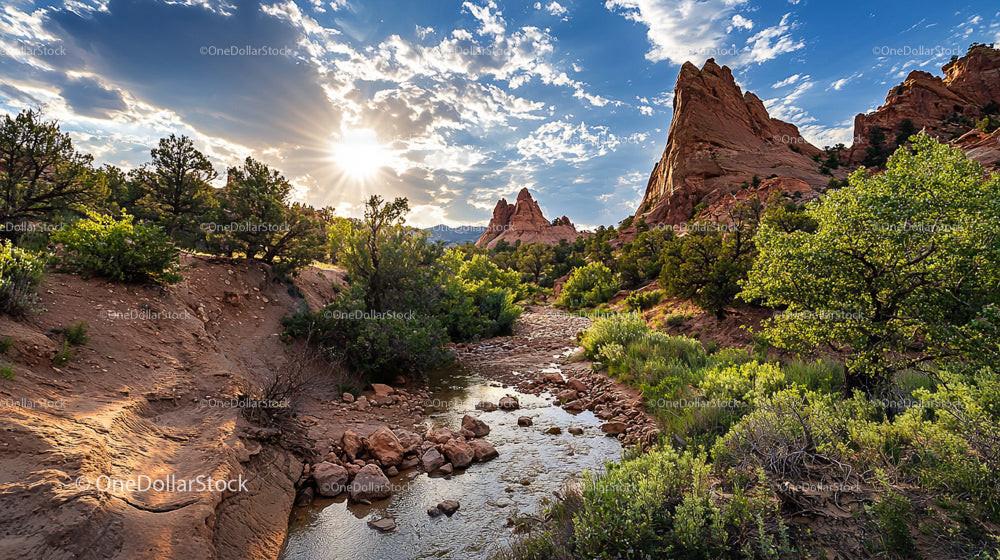 Dramatic Sunset Over Gold Canyon with Rocky Formations