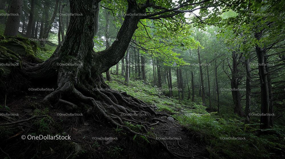 Ancient Tree in Lush Green Forest with Sunlight Beaming Through