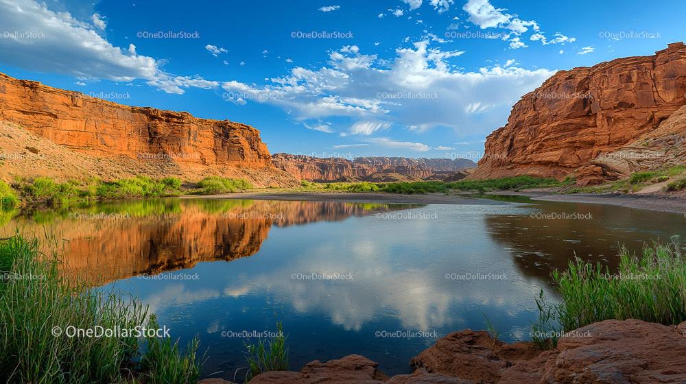 Scenic River through Red Rock Canyon under Blue Sky
