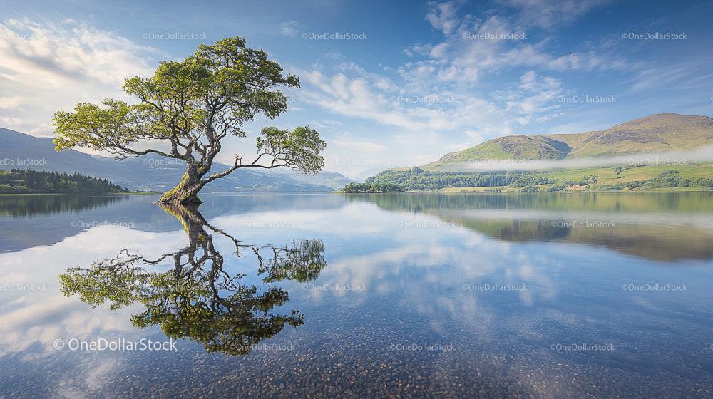 Solitary Tree Reflecting in Tranquil Mountain Lake