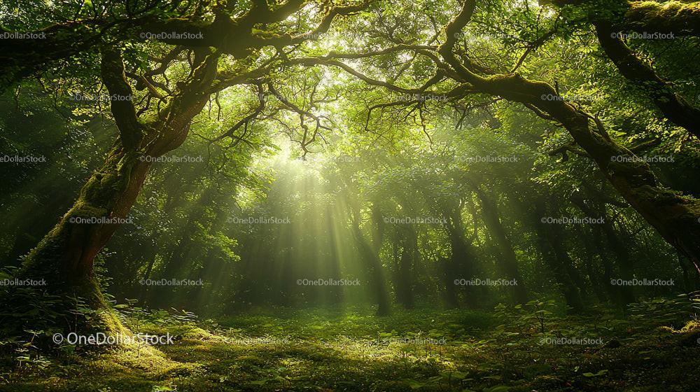 Sunlit Enchanted Forest with Lush Green Trees