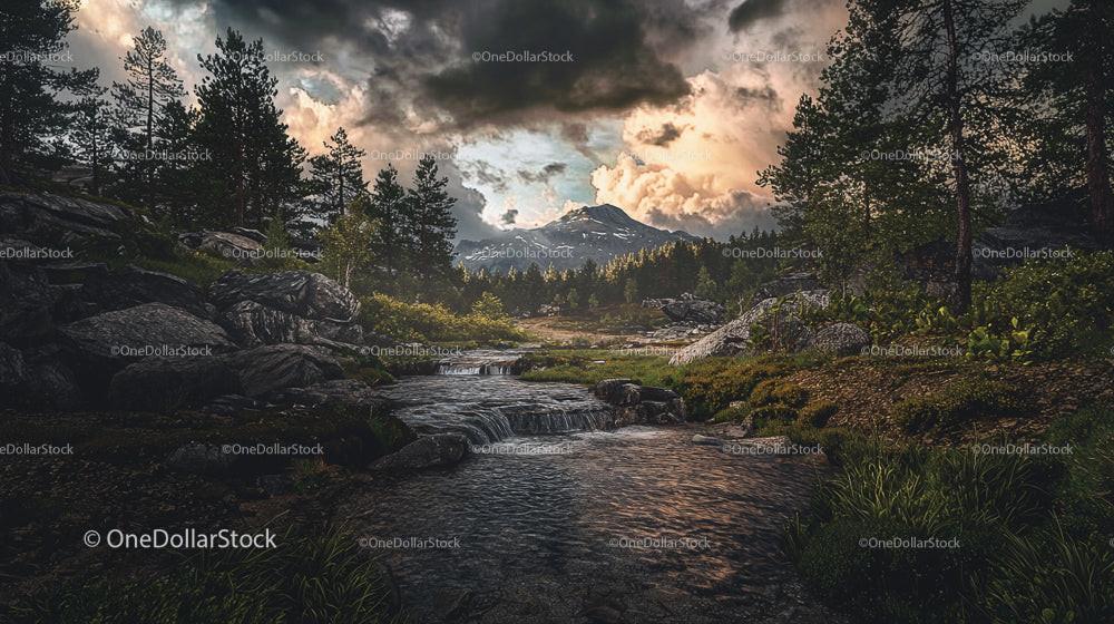 Majestic Mountain Landscape with Flowing River and Dramatic Sky