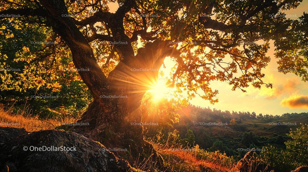 Majestic Oak Tree Illuminated by Golden Sunset Rays