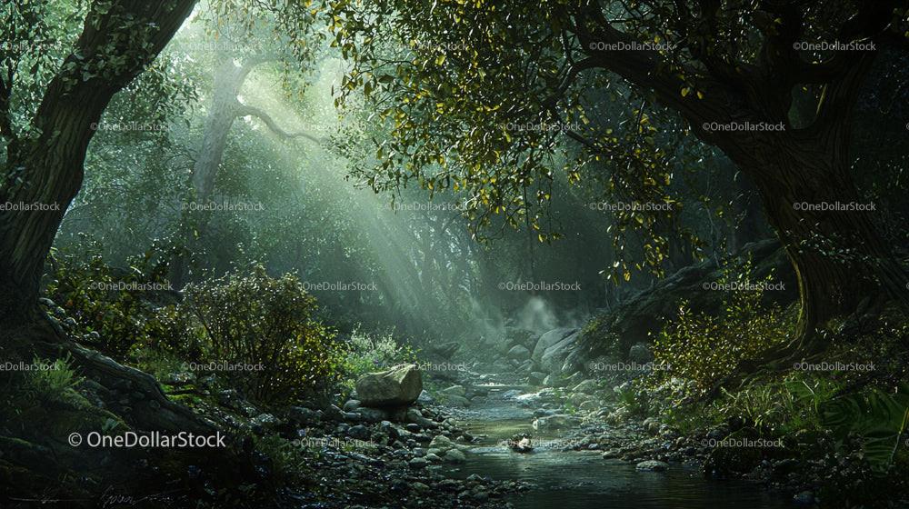 Sunlit Forest Path with Gentle Stream and Lush Greenery