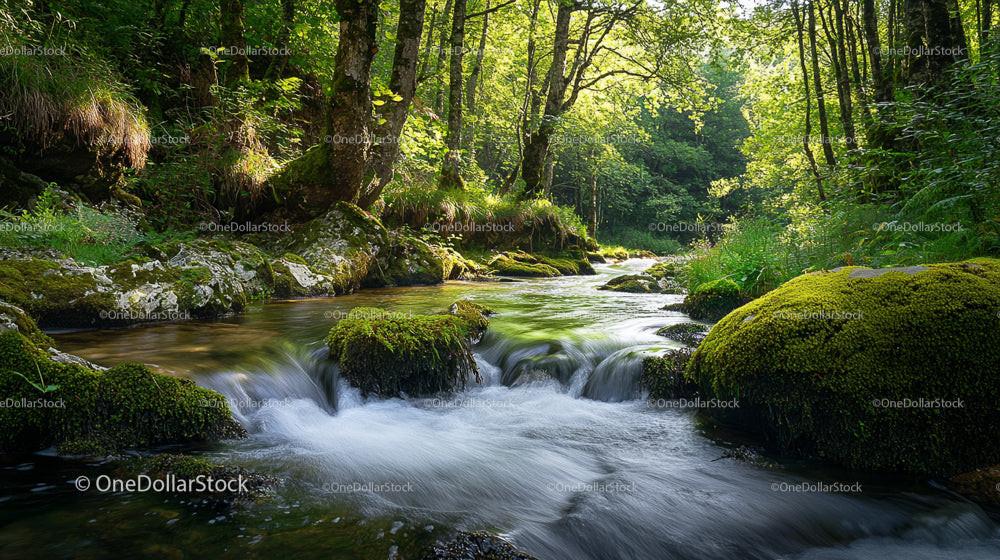Tranquil Forest Stream with Mossy Rocks and Lush Greenery