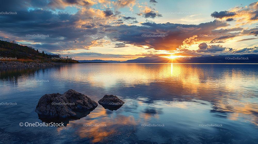 Serene Lake at Sunset with Dramatic Sky and Reflections