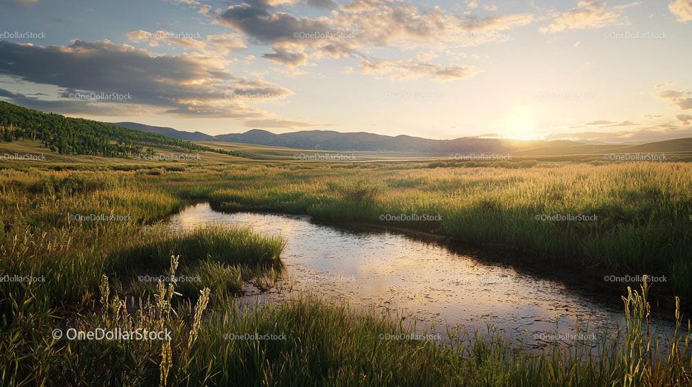 Serene Meadow at Sunset with Reflecting Pond