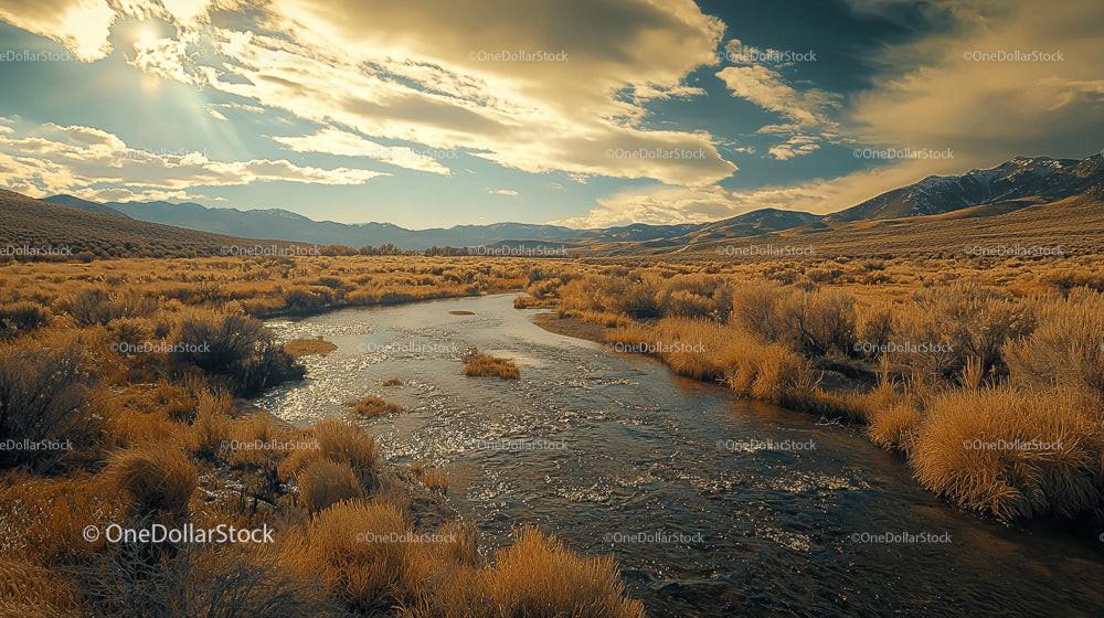 Golden Mountain Landscape with Tranquil Stream and Rugged Peaks