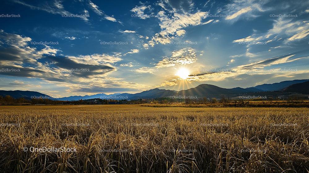 Golden Sunset Over Mountain Landscape and Field