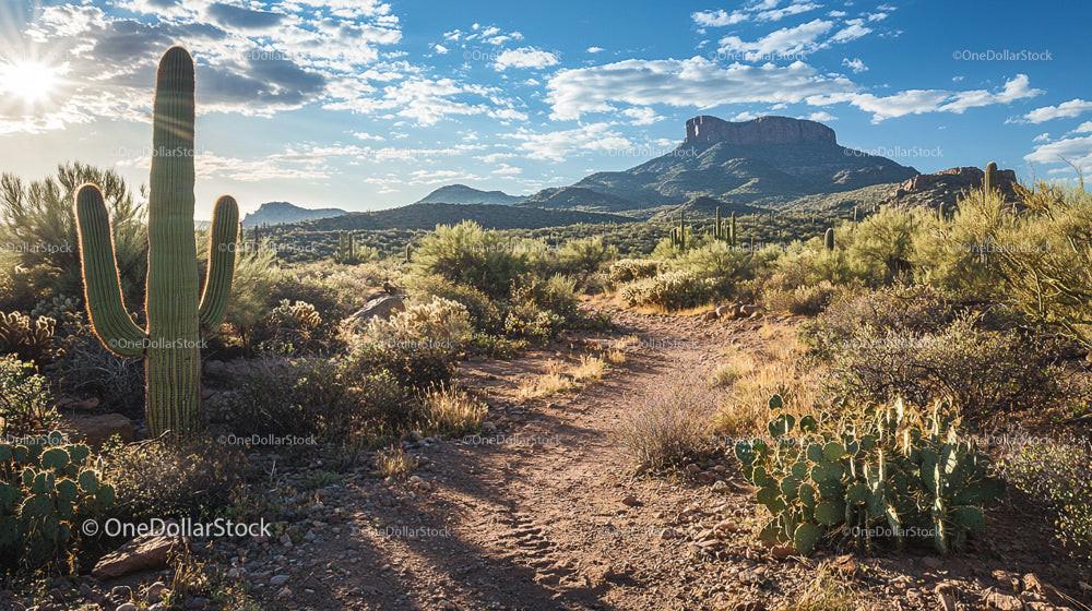 Scenic Desert Landscape with Cacti and Mountain Views