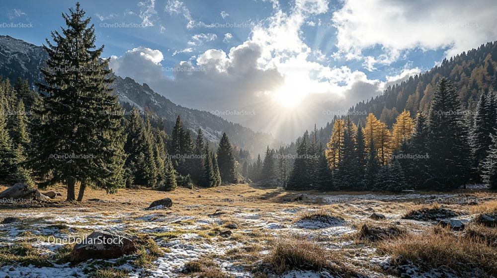Sunlit Alpine Meadow with Evergreen Trees and Autumn Colors