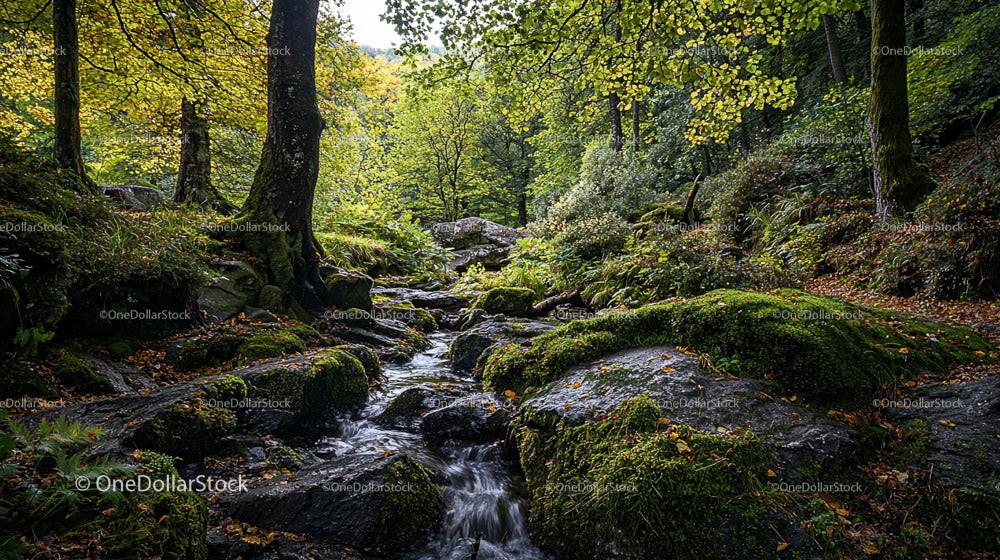 Tranquil Forest Stream with Moss-covered Rocks