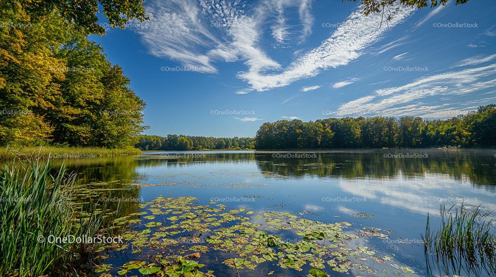 Serene Lake with Lush Forest and Blue Sky Reflections
