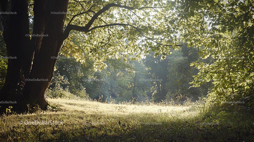Sunlit Forest Clearing with Lush Greenery and Morning Light