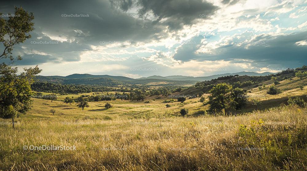 Scenic Meadow Landscape with Dramatic Sky and Rolling Hills