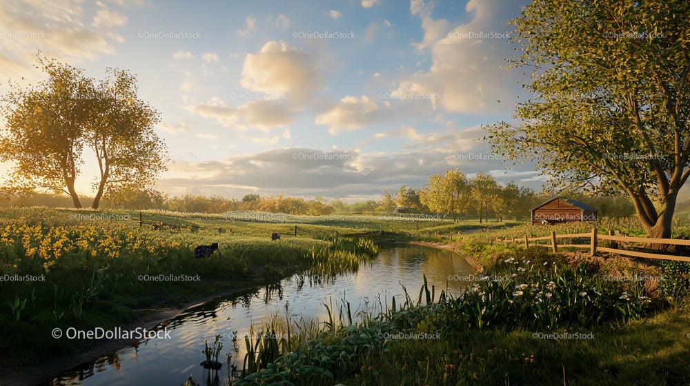 Idyllic Spring Meadow with Serene Creek and Blossoming Trees