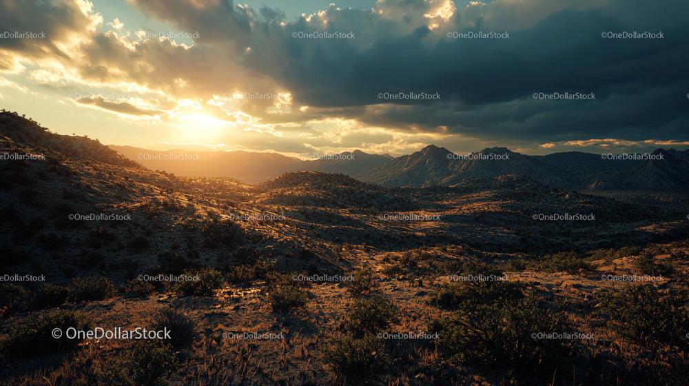 Dramatic Sunset over a Rugged Desert Mountain Landscape